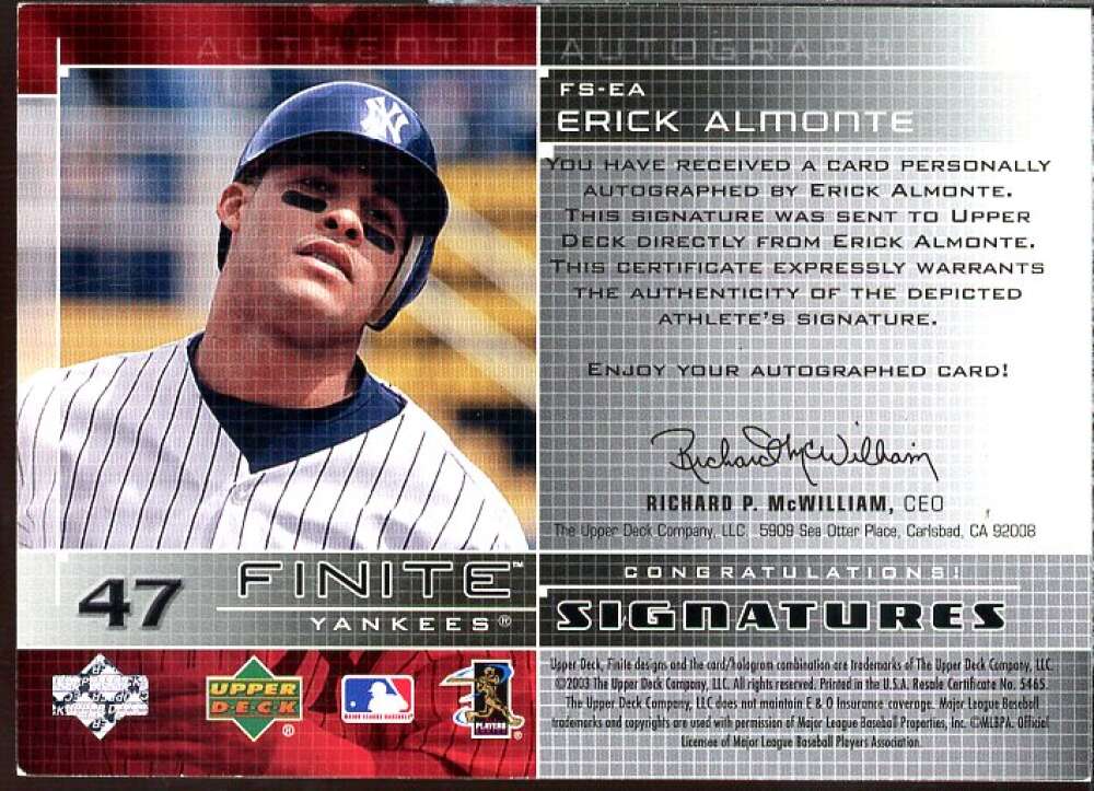 Erick Almonte Card 2003 Upper Deck Finite Signatures #EA  Image 2