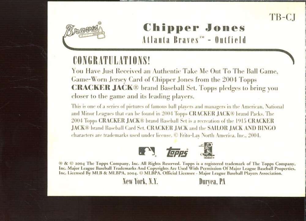 Chipper Jones Jsy 2004 Topps Cracker Jack Take Me Out to the Ballgame Relics #CJ  Image 2