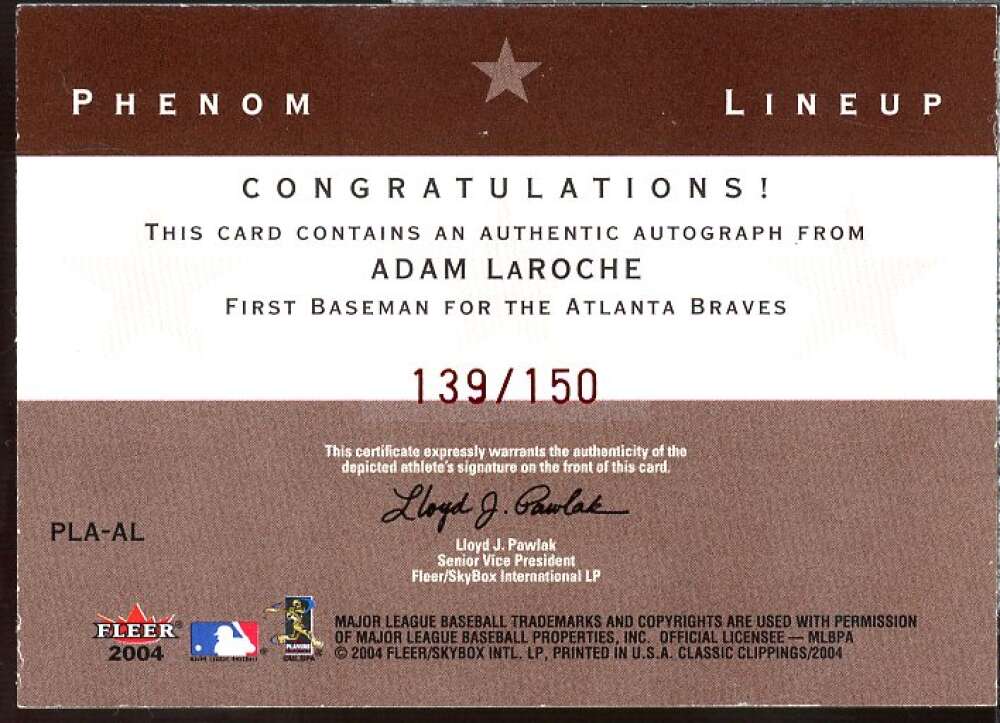 A.LaRoche w/Pujols-Thome 2004 Classic Clippings Phenom Lineup Autograph Red #AL  Image 2