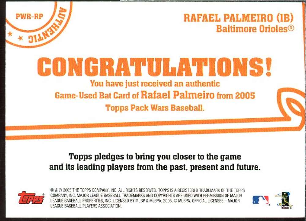 Rafael Palmeiro Bat Card 2005 Topps Pack Wars Relics #RP  Image 2