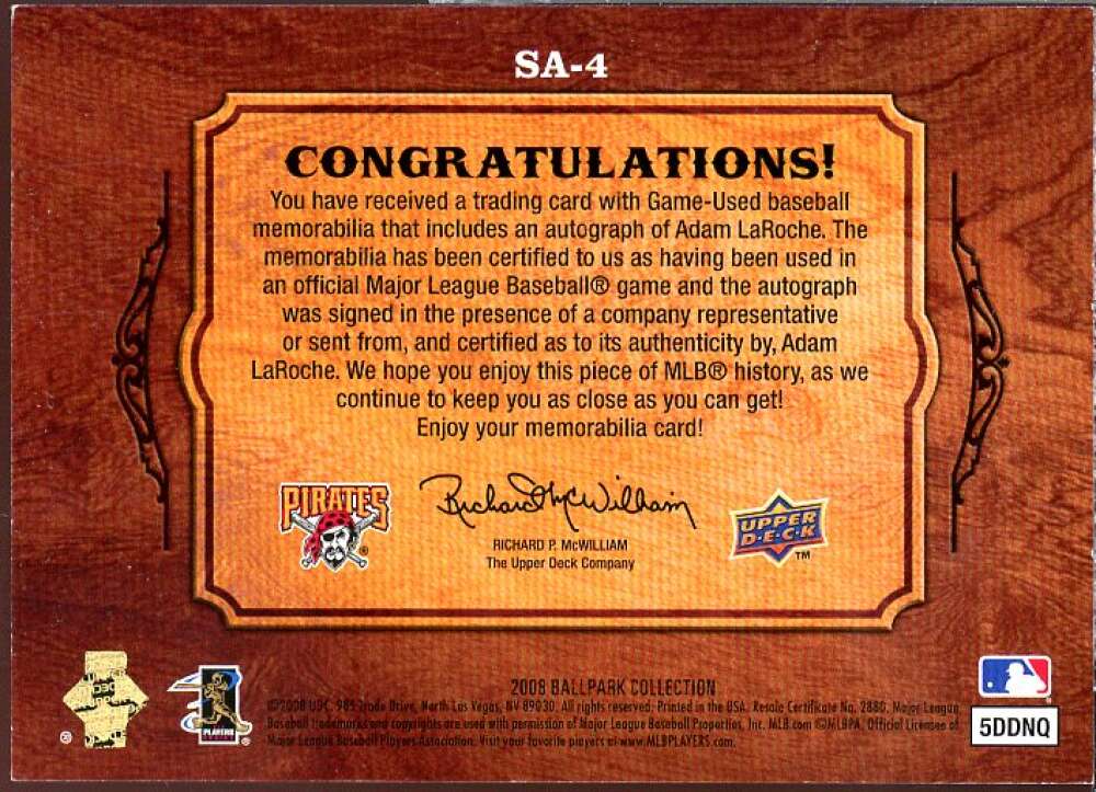 Adam LaRoche Card 2008 Upper Deck Ballpark Collection Jersey Autographs #4  Image 2
