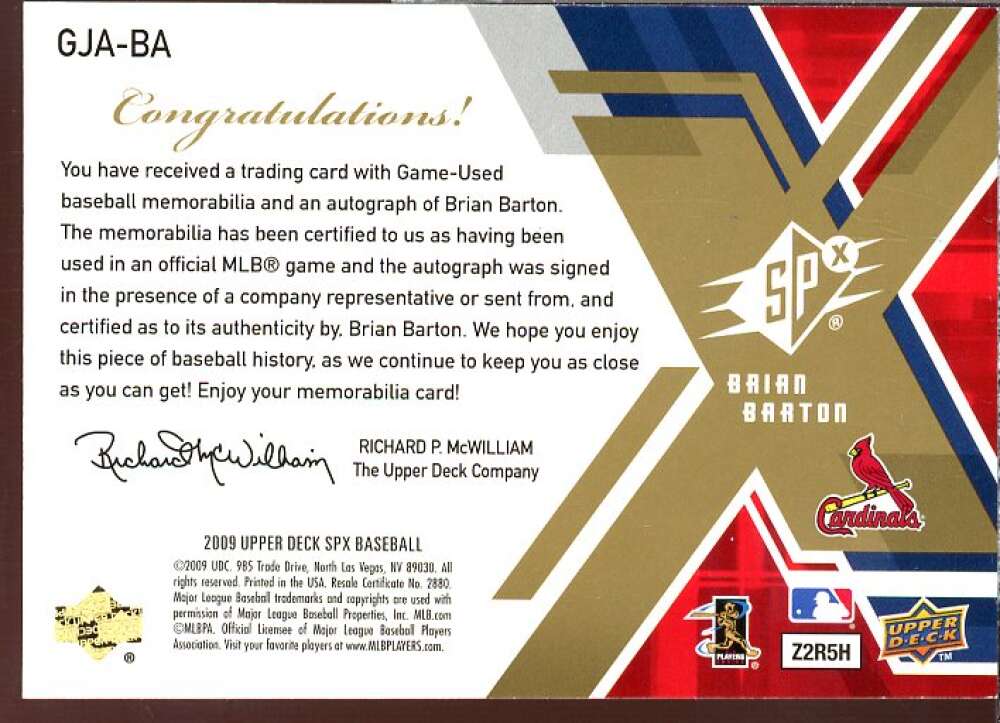 Brian Barton Card 2009 SPx Game Jersey Autographs #GJABA  Image 2