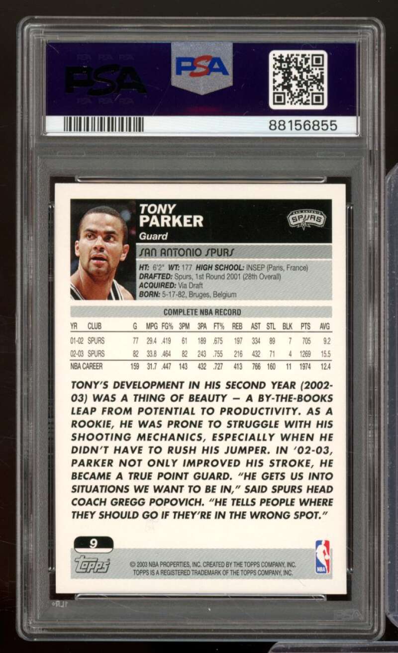 Tony Parker Card 2003-04 Topps #9 PSA 9 Image 2