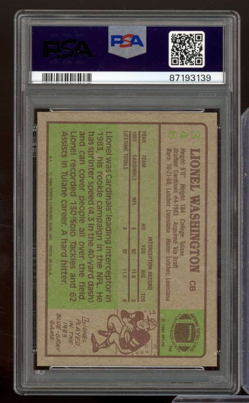 Lionel Washington Rookie Card 1984 Topps #348 PSA 8 Image 2