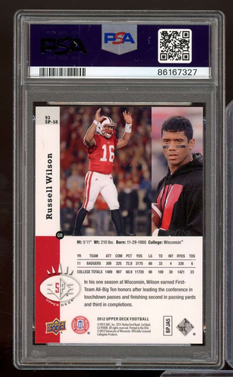 Russell Wilson Rookie Card 2012 Upper Deck 1993 SP Inserts #SP-58 PSA 8 Image 2