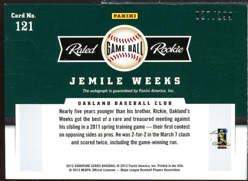Jemile Weeks RC 2012 Panini Signature Series Rookies Game Ball Signatures #121  Image 2