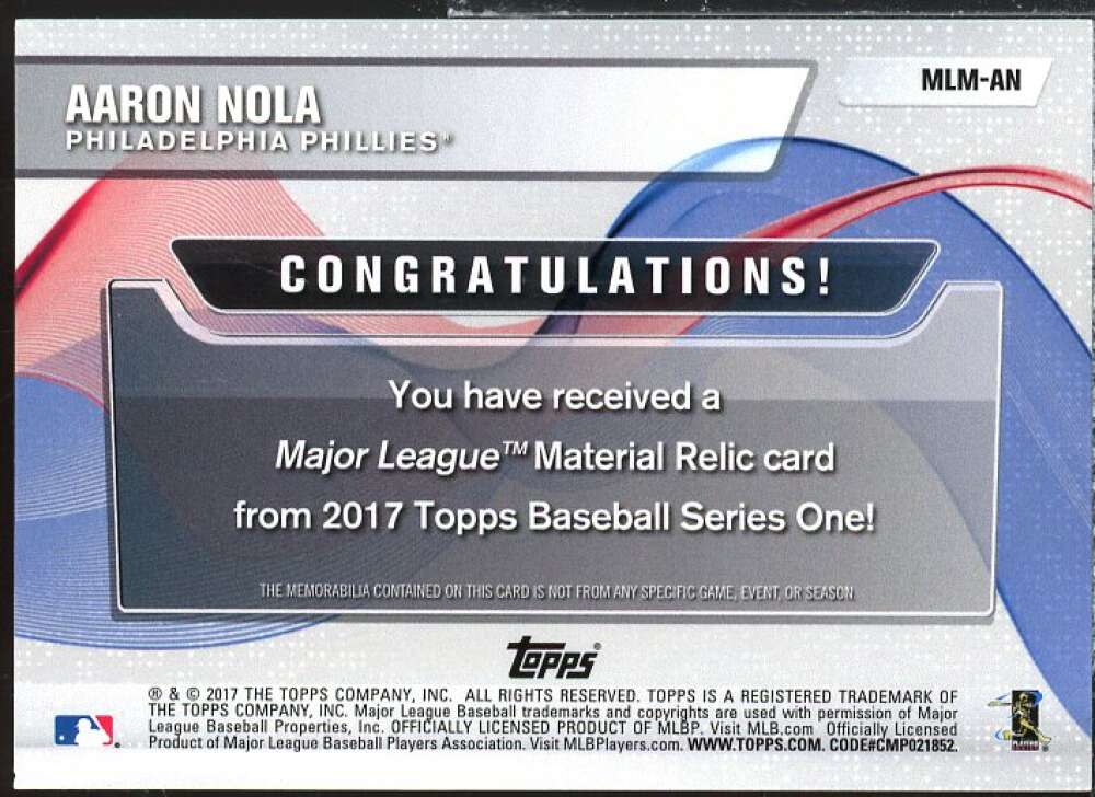 Aaron Nola Card 2017 Topps Major League Materials #MLMAN  Image 2