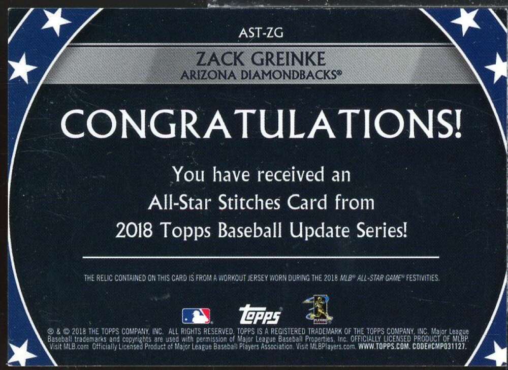 Zack Greinke Card 2018 Topps Update All Star Stitches #ASTZG  Image 2