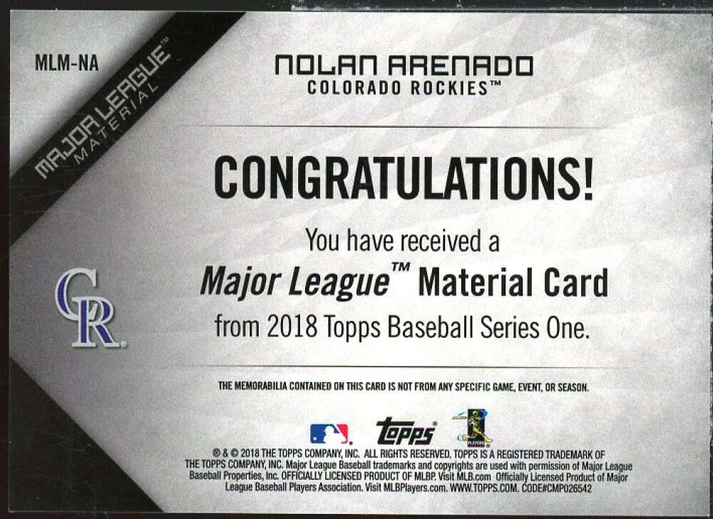 Nolan Arenado Card 2018 Topps Major League Materials #MLMNA  Image 2