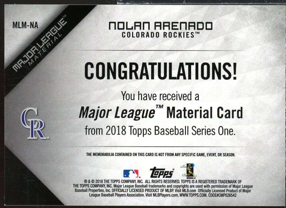 Nolan Arenado Card 2018 Topps Major League Materials Black #MLMNA  Image 2
