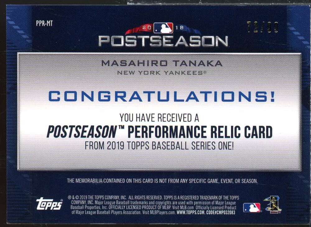 Masahiro Tanaka Card 2019 Topps Postseason Performance Relics #PPRMT  Image 2