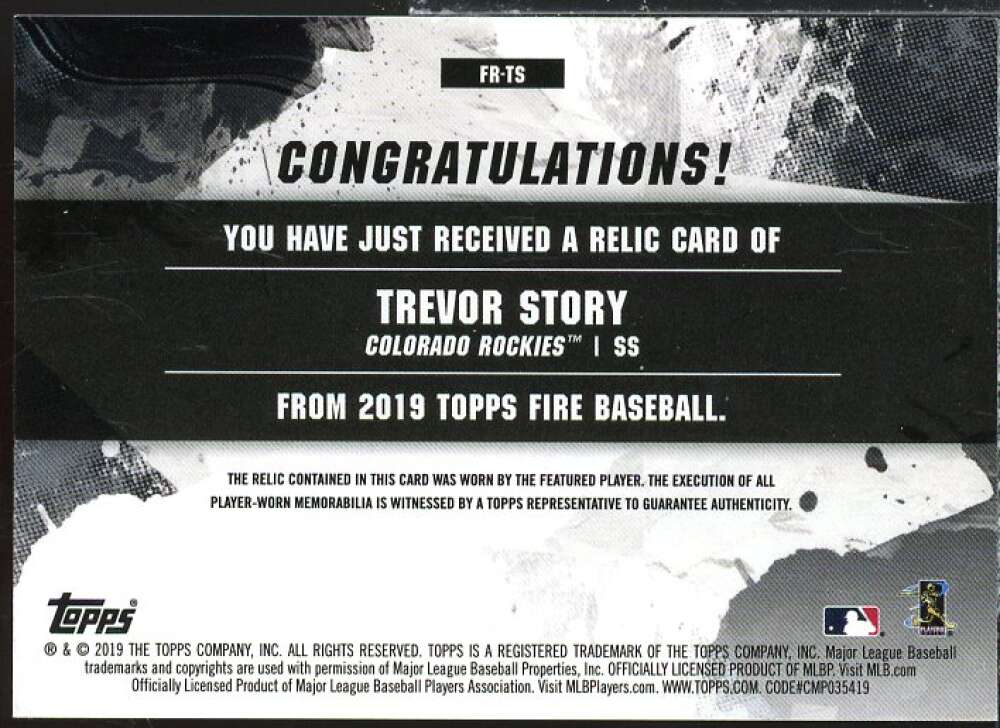 Trevor Story Card 2019 Topps Fire Relics #FRTS  Image 2