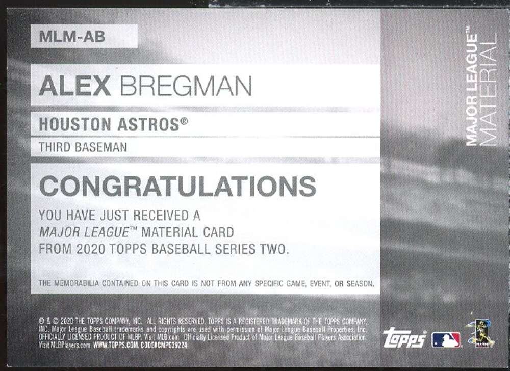 Alex Bregman Card 2020 Topps Major League Materials Black #MLMAB  Image 2