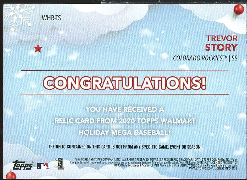 Trevor Story Card 2020 Topps Walmart Holiday Relics #WHRTS  Image 2