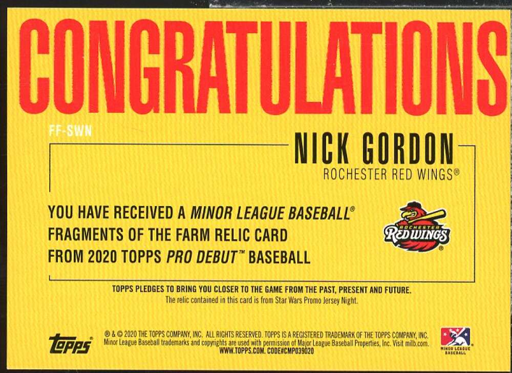 Nick Gordon Rookie 2020 Topps Pro Debut Fragments of the Farm Relic Gold #FFSWN  Image 2