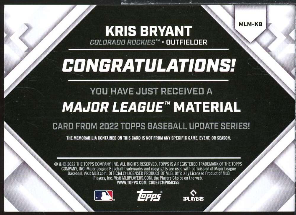 Kris Bryant Card 2022 Topps Update Major League Materials #MLMKB  Image 2