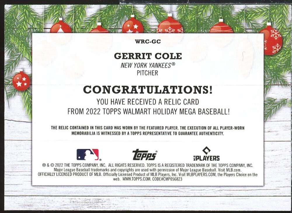 Gerrit Cole Card 2022 Topps Holiday Relics #WRCGC  Image 2