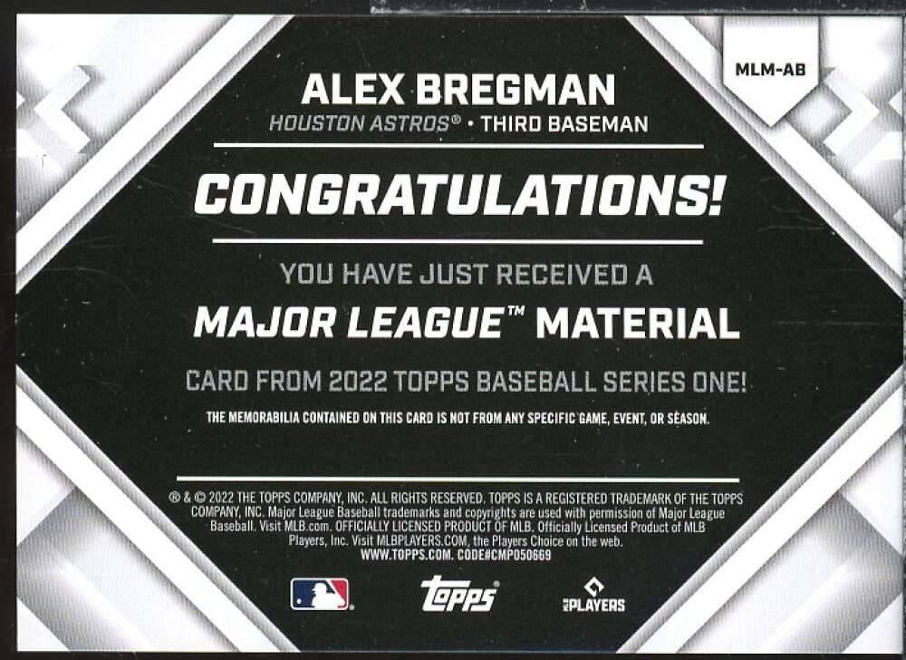 Alex Bregman Card 2022 Topps Major League Materials #MLMAB  Image 2