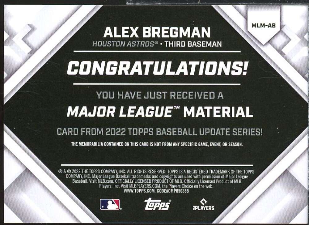 Alex Bregman Card 2022 Topps Update Major League Materials #MLMAB  Image 2