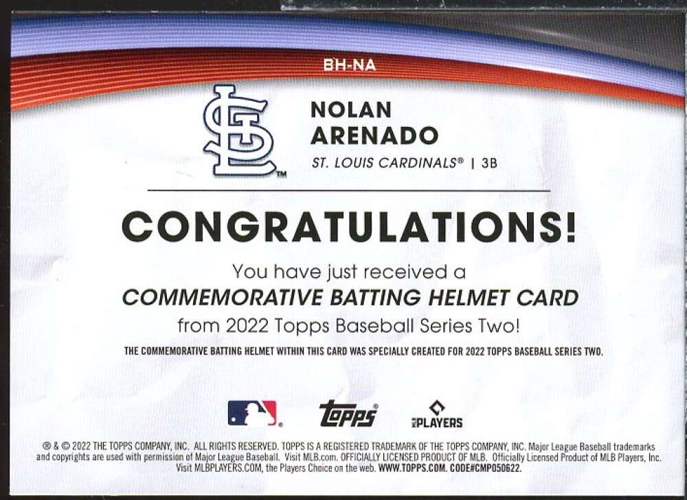 Nolan Arenado Card 2022 Topps Commemorative Batting Helmet Relics #BHNA  Image 2