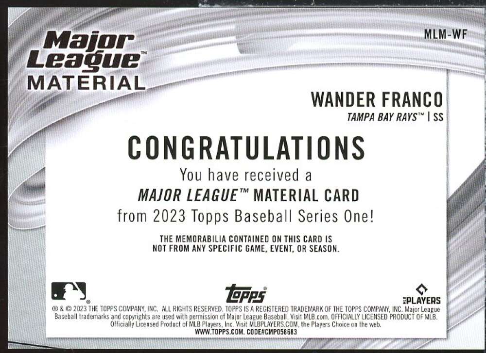 Wander Franco Card 2023 Topps Major League Materials #MLMWF  Image 2