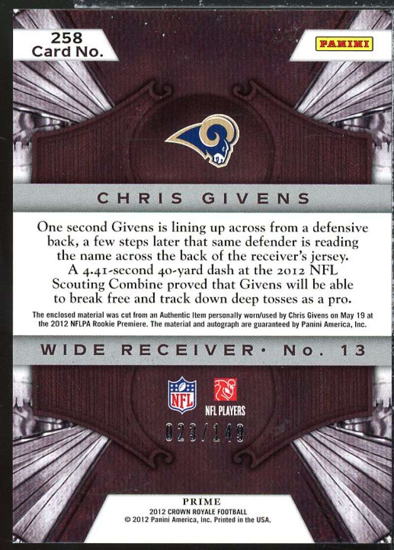 Chris Givens JSY AU Rookie Card 2012 Crown Royale Silver Holofoil #258  Image 2