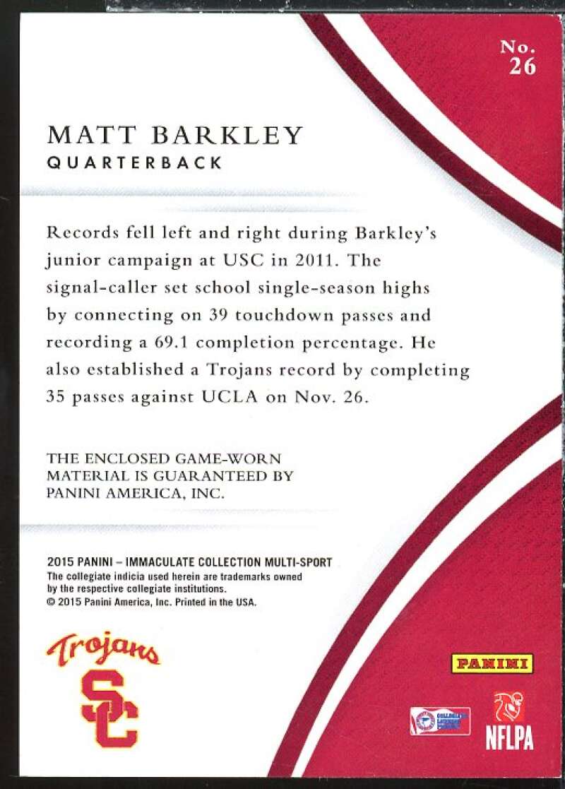 Matt Barkley RC 2015 Immaculate Collection Collegiate Multisport Number JSY #26  Image 2