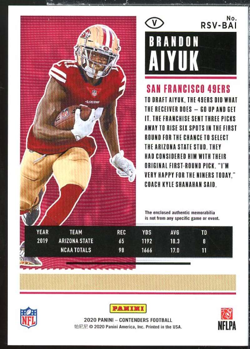 Brandon Aiyuk Rookie Card 2020 Panini Contenders Rookie Ticket Swatches #10  Image 2