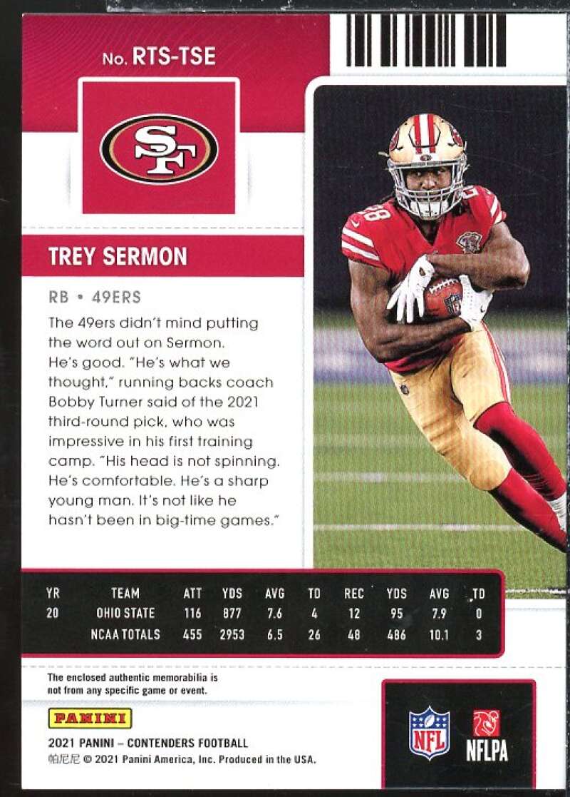 Trey Sermon Rookie Card 2021 Panini Contenders Rookie Ticket Swatches #26  Image 2