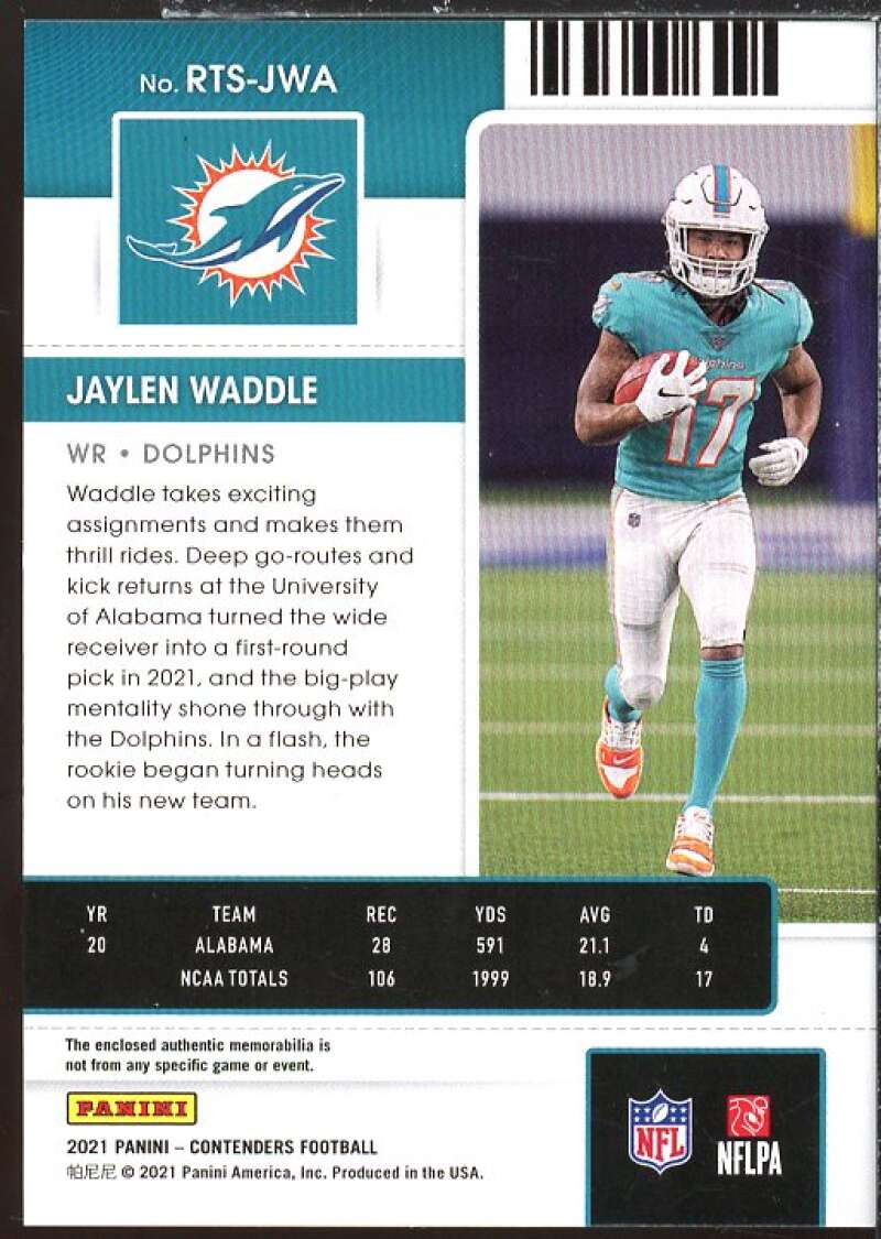 Jaylen Waddle Rookie Card 2021 Panini Contenders Rookie Ticket Swatches #6  Image 2