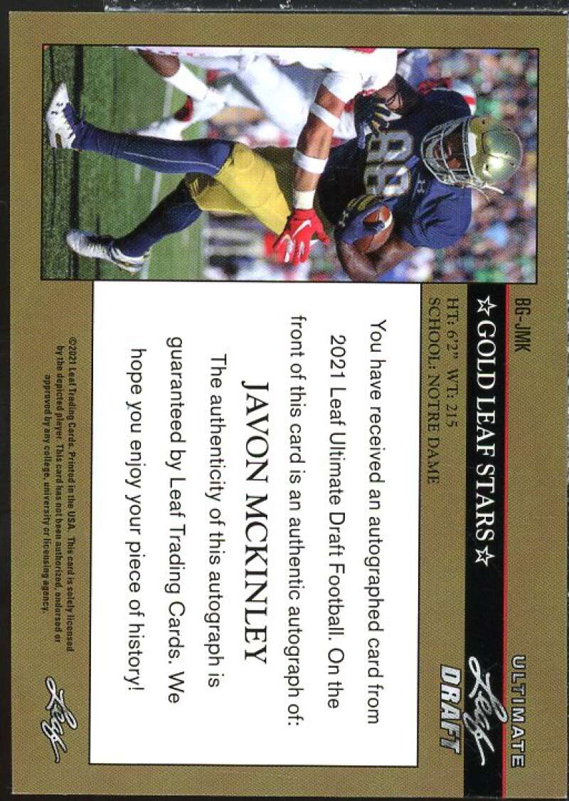 Javon McKinley 2021 Leaf Ultimate Draft '92 Leaf Black Gold Autograph Gold #JMK  Image 2