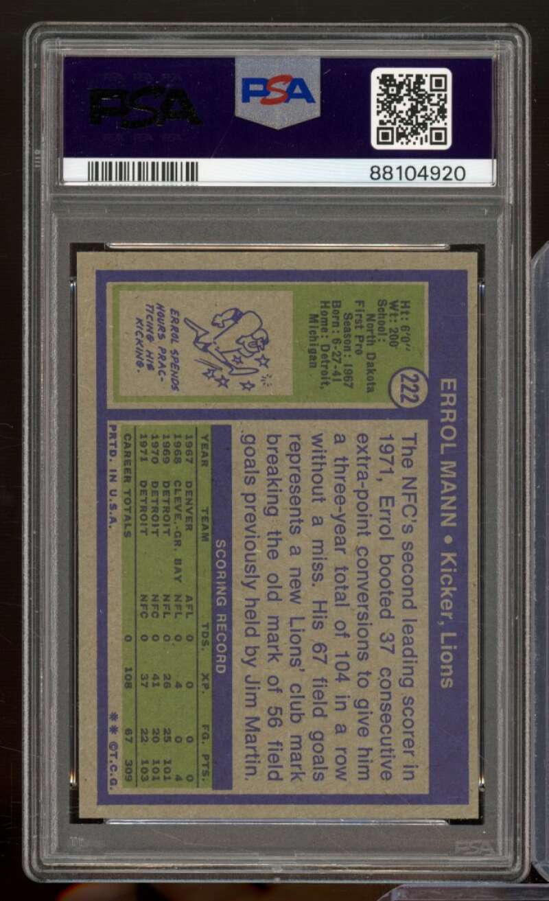 Errol Mann Card 1972 Topps #222 PSA 6 Image 2