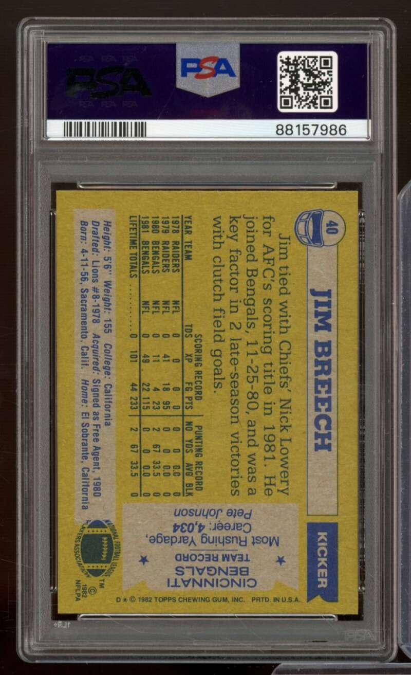 Jim Breech Card 1982 Topps #40 PSA 8 Image 2