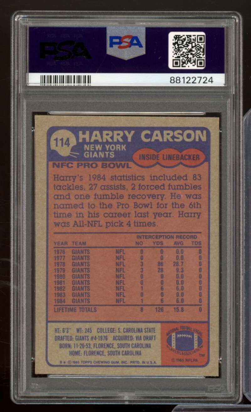 Harry Carson Card 1985 Topps #114 PSA 8 Image 2