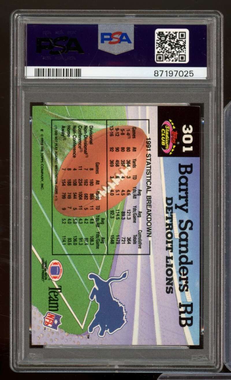 Barry Sanders Card 1992 Stadium Club #301 PSA 9 Image 2