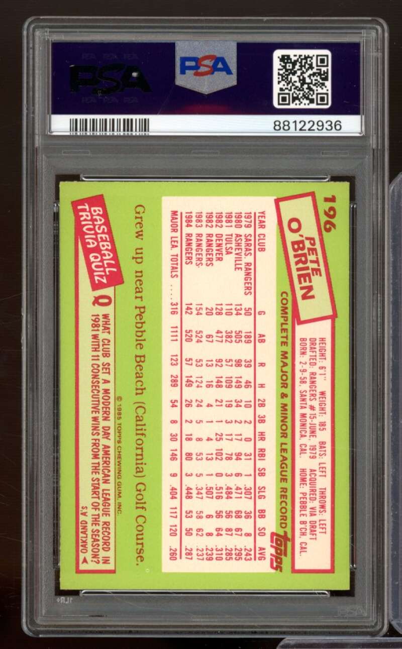 Pete O'Brien Card 1985 Topps Tiffany #196 PSA 8 Image 2