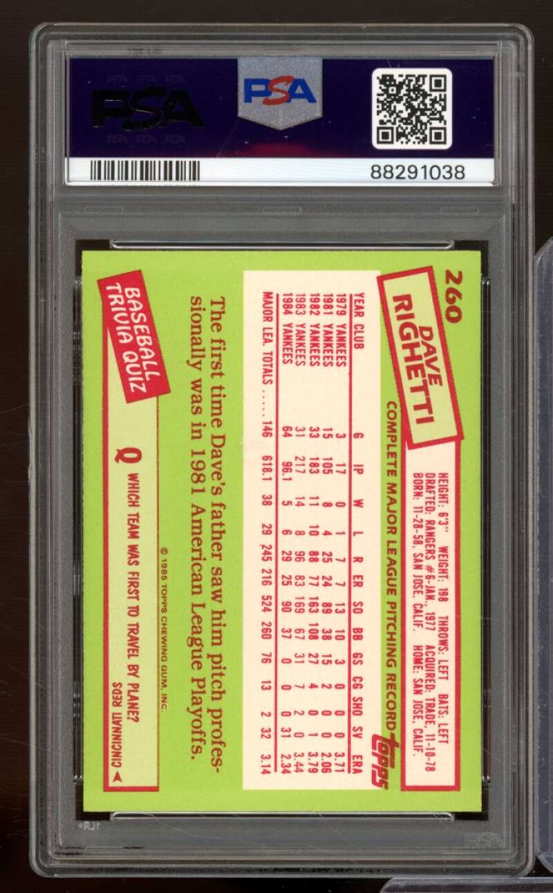 Dave Righetti Card 1985 Topps Tiffany #260 PSA 8 Image 2