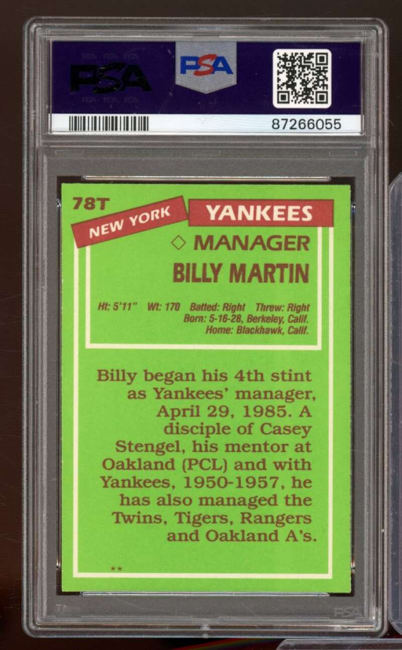 Billy Martin Card 1985 Topps Traded #78T PSA 9 Image 2