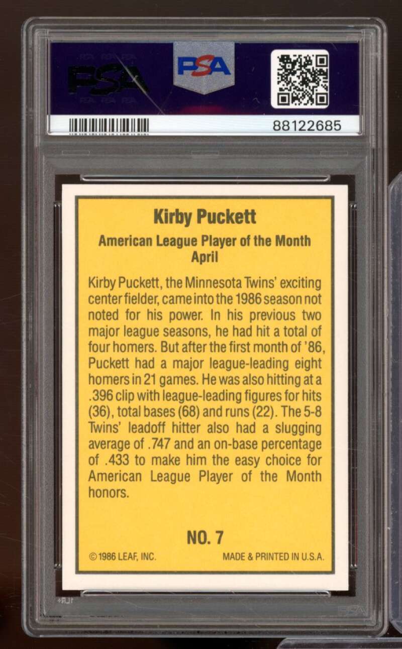 Kirby Puckett Card 1986 Donruss #7 PSA 9 Image 2