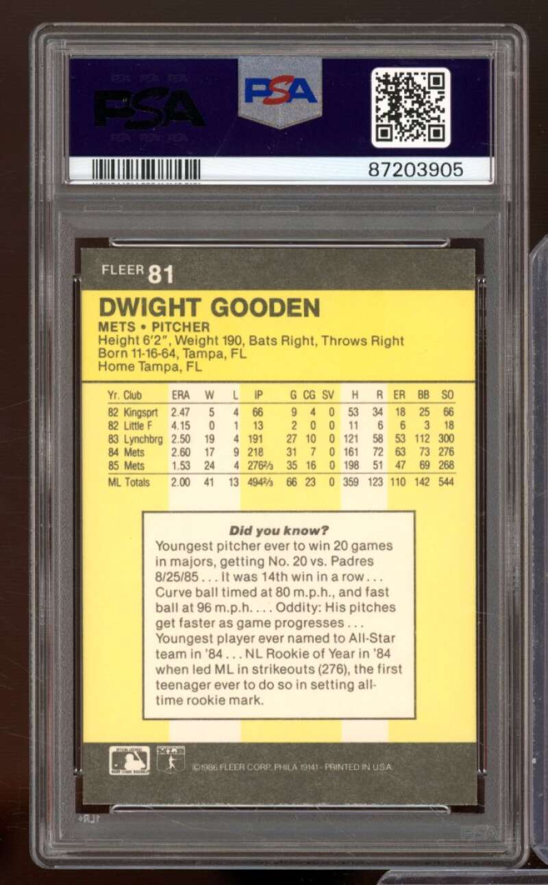 Dwight Gooden Card 1986-87 Fleer #81 PSA 8.5 Image 2