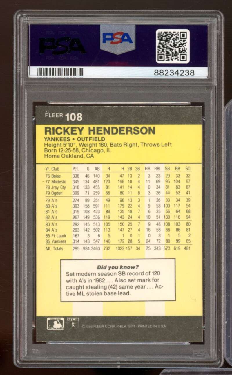 Rickey Henderson Card 1986 Fleer #108 PSA 8 Image 2