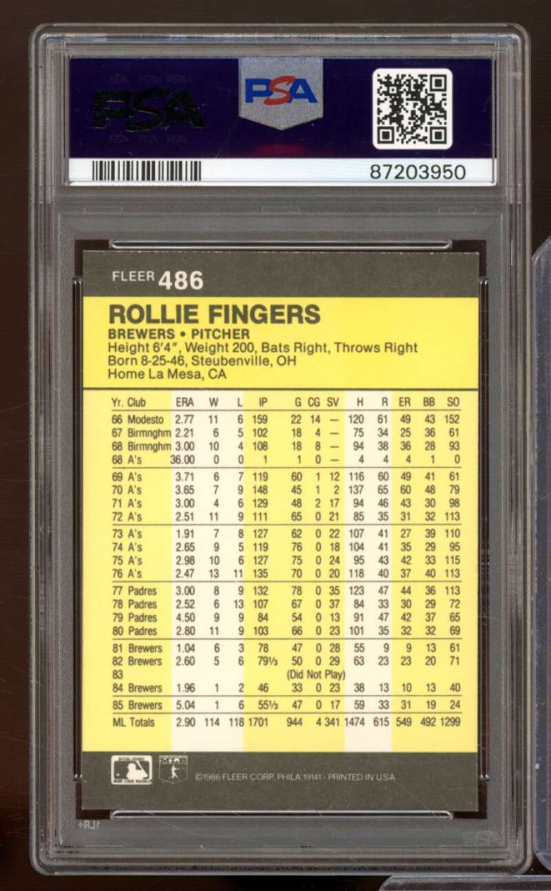 Rollie Fingers Card 1986 Fleer #486 PSA 9 Image 2