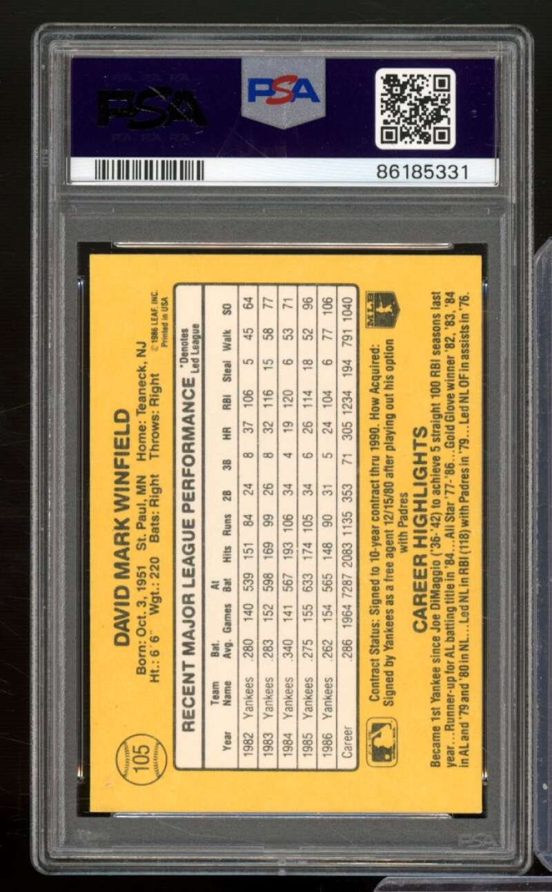 Dave Winfield Card 1987 Donruss #105 PSA 9 Image 2