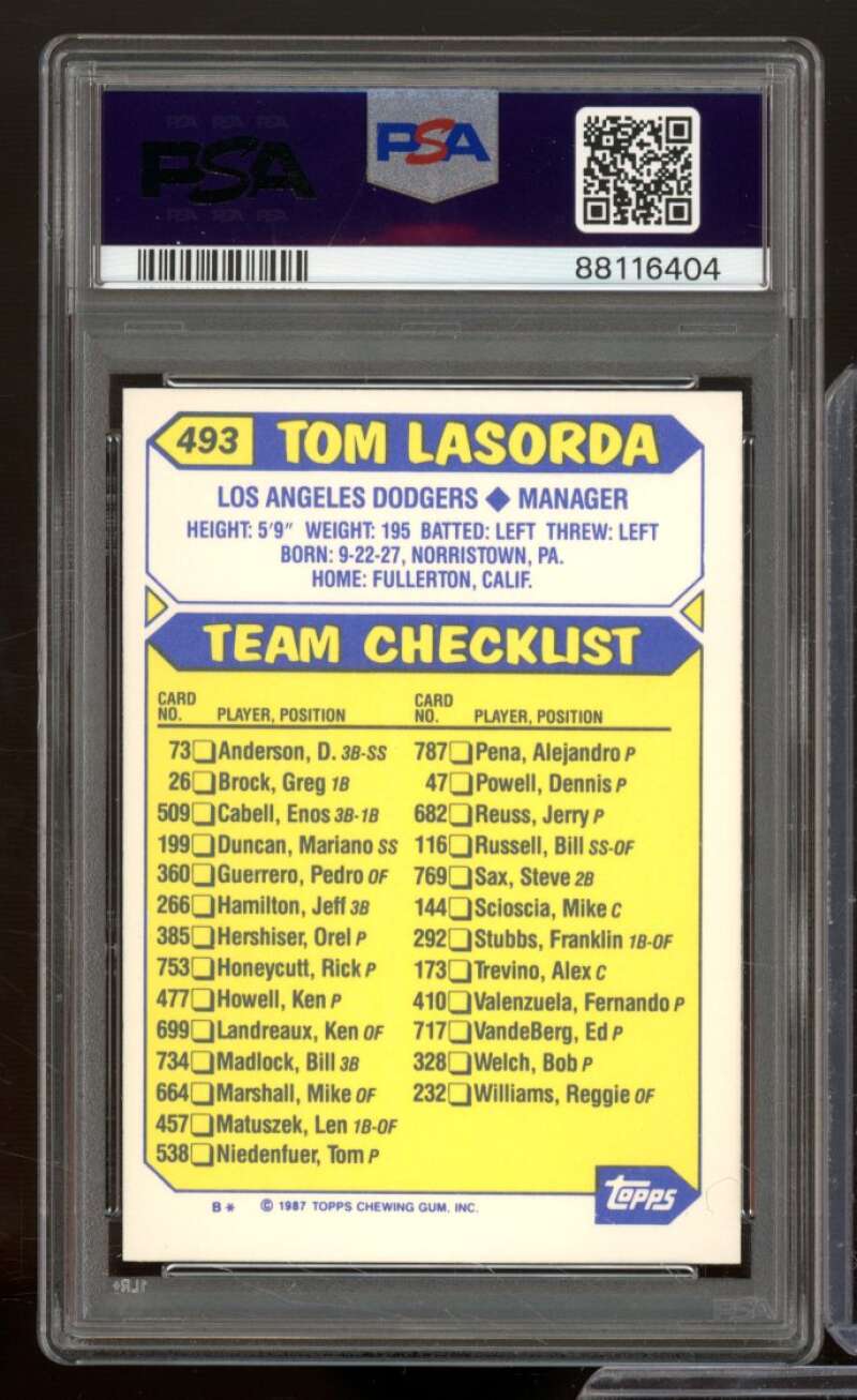 Tom Lasorda Card 1987 Topps Tiffany #493 PSA 8 Image 2