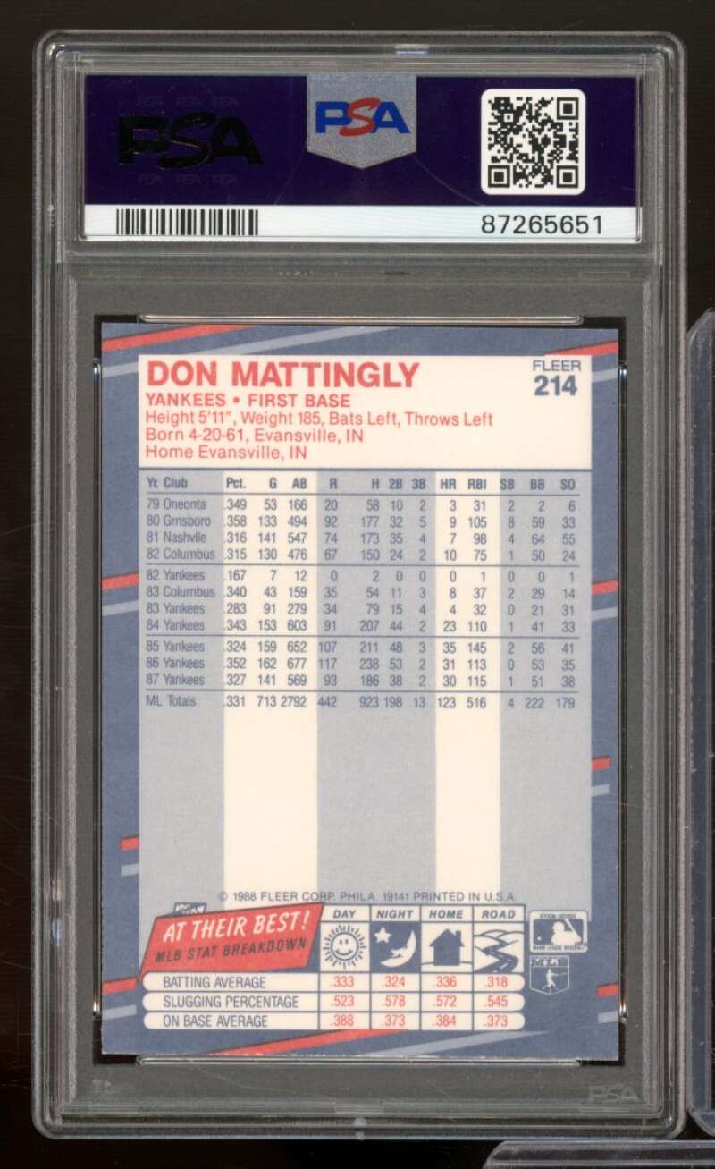 Don Mattingly Card 1988 Fleer #214 PSA 9 Image 2