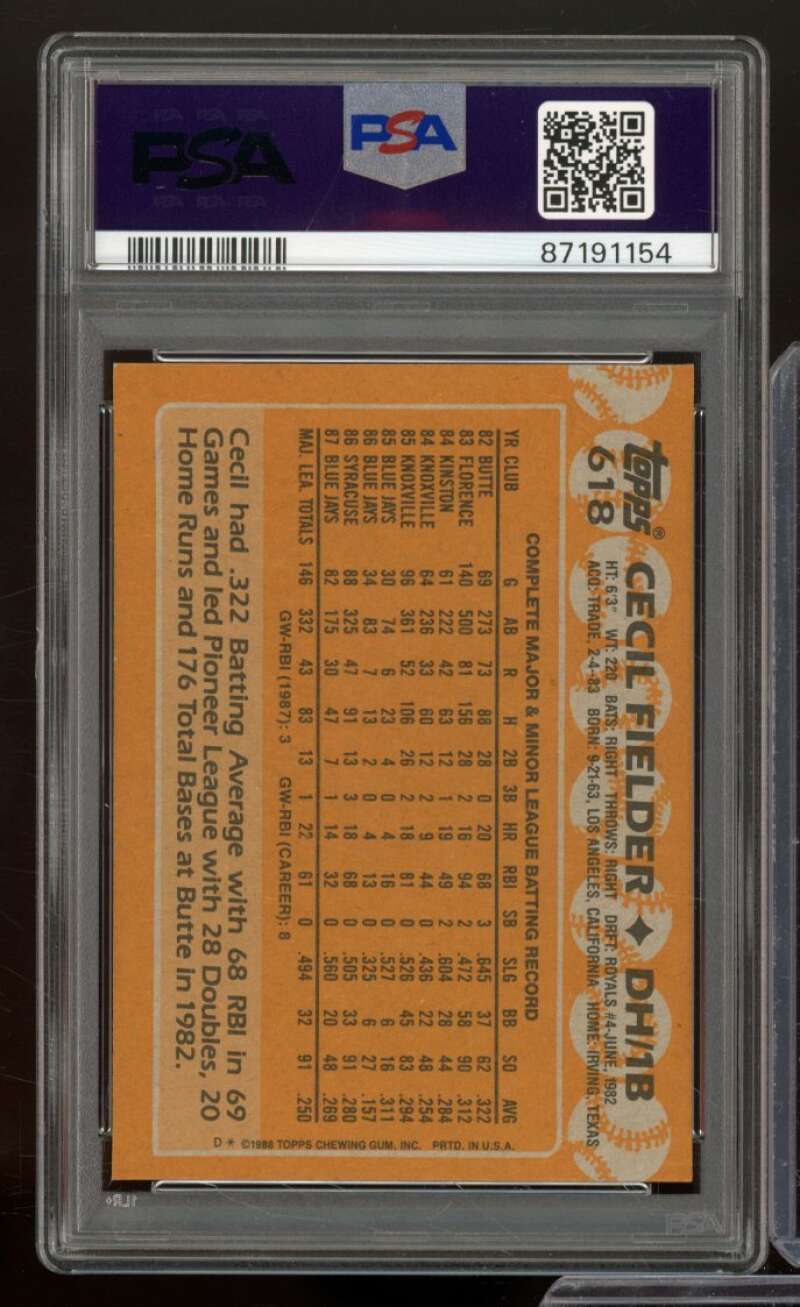 Cecil Fielder Card 1988 Topps #618 PSA 9 Image 2