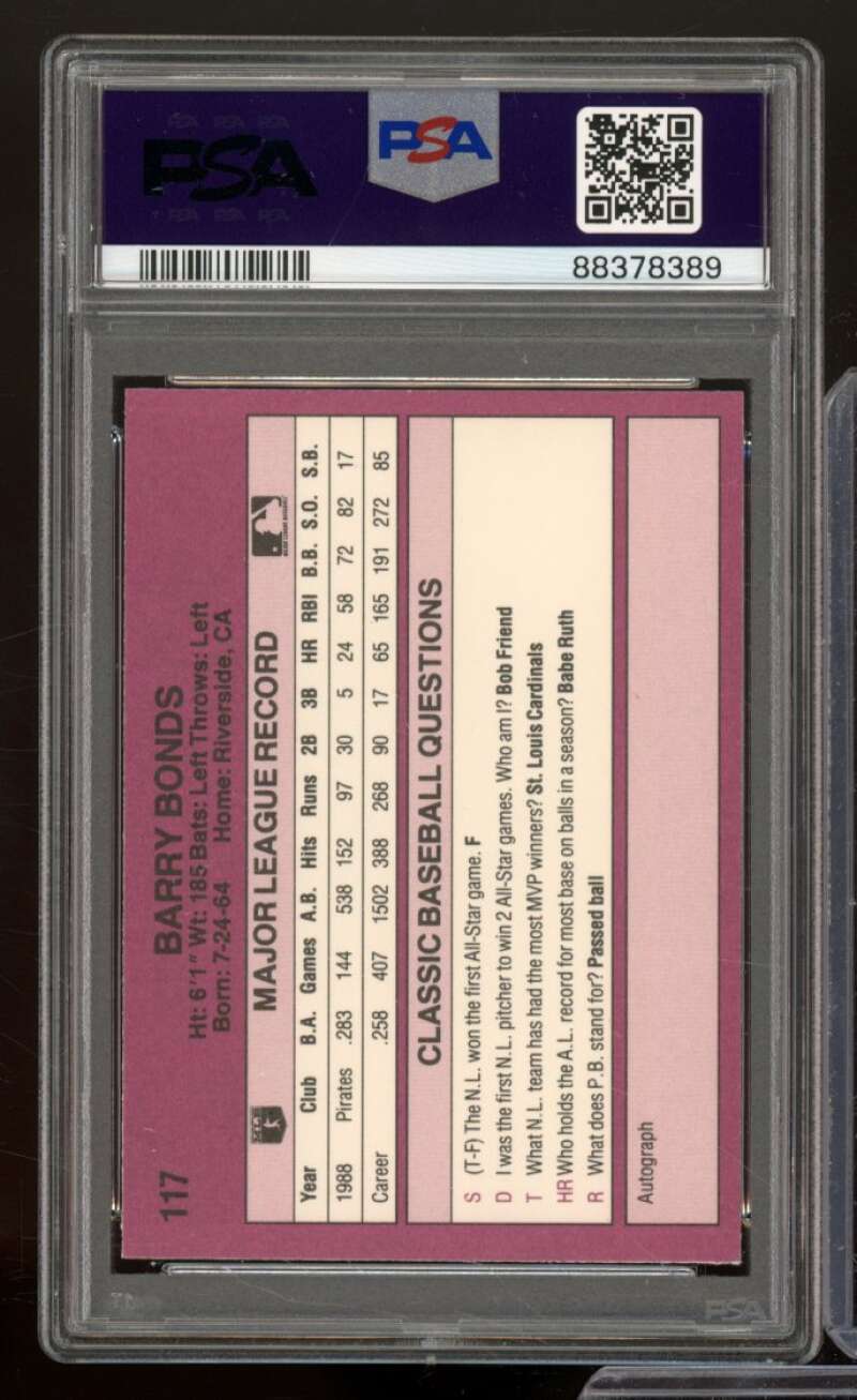 Barry Bonds Card 1989 Classic Travel Update #117 PSA 8 Image 2