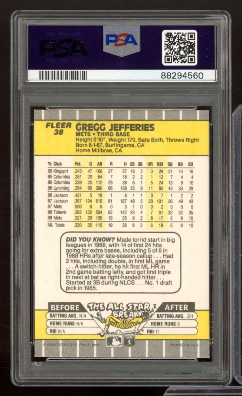 Gregg Jefferies Card 1989 Fleer #38 PSA 9 Image 2