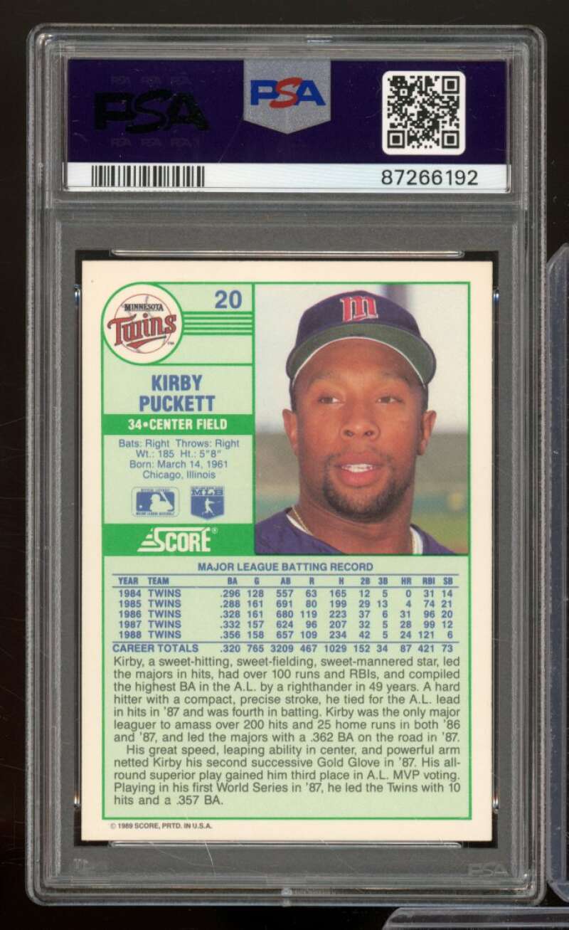 Kirby Puckett Card 1989 Score #20 PSA 9 Image 2