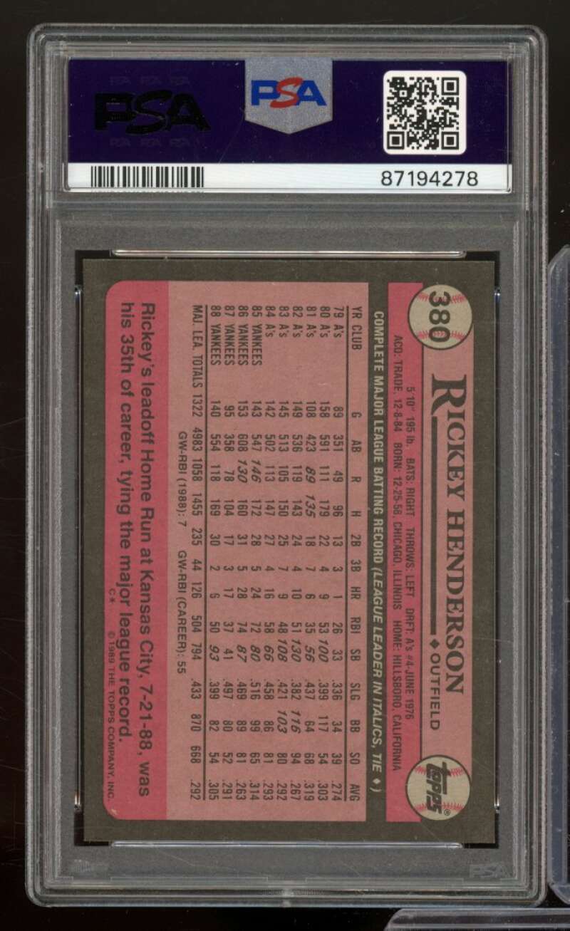 Rickey Henderson Card 1989 Topps #380 PSA 8 Image 2